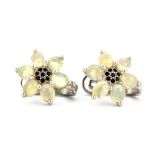 A pair of 925 silver cluster earrings set with cabochon cut opals and black spinels, L. 1.7cm.