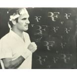 A Stephen Blades (Contemporary British) acrylic and silk portrait on canvas of Roger Federer, size