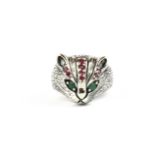 A 925 silver cat head ring set with emeralds and rubies, (N).