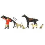 A group of cold painted lead figures of a huntsmen with two horses and dogs, H. 7cm.