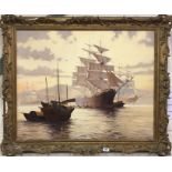 A Rodney Charmen (British b. 1965) large gilt framed oil on canvas (dated '79) of clipper ships in