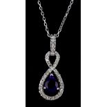 A 9ct white gold amethyst and diamond set pendant and chain, L. 3cm.