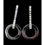 A pair of 18ct white gold diamond set drop earrings, L. 2.3cm.