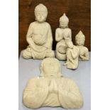 A group of five concrete garden figures of Buddhist subjects, tallest seated Buddha 40cm.