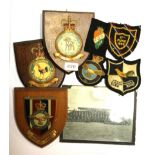 Three Royal Air Force shields and a vintage RAF photograph, together with four blazer badges.
