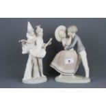 Two Lladro bisque porcelain figures of couples, H. 27, H. 25. Condition: both figures have one