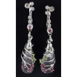 A pair of 18ct white gold drop earrings set with briolette cut rose quartz, pink tourmalines,