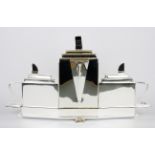 An Art Deco style silver plated tea set after Christopher Dresser, H. 32cm W. 39cm.