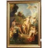 A gilt framed oil on board reproduction of a classical scene, frame size 59 x 77cm.