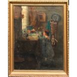 A 19th/ early 20th Century gilt framed oil on canvas of a little girl beside a stained glass window,