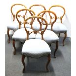 A set of six Victorian walnut balloon backed dining chairs.