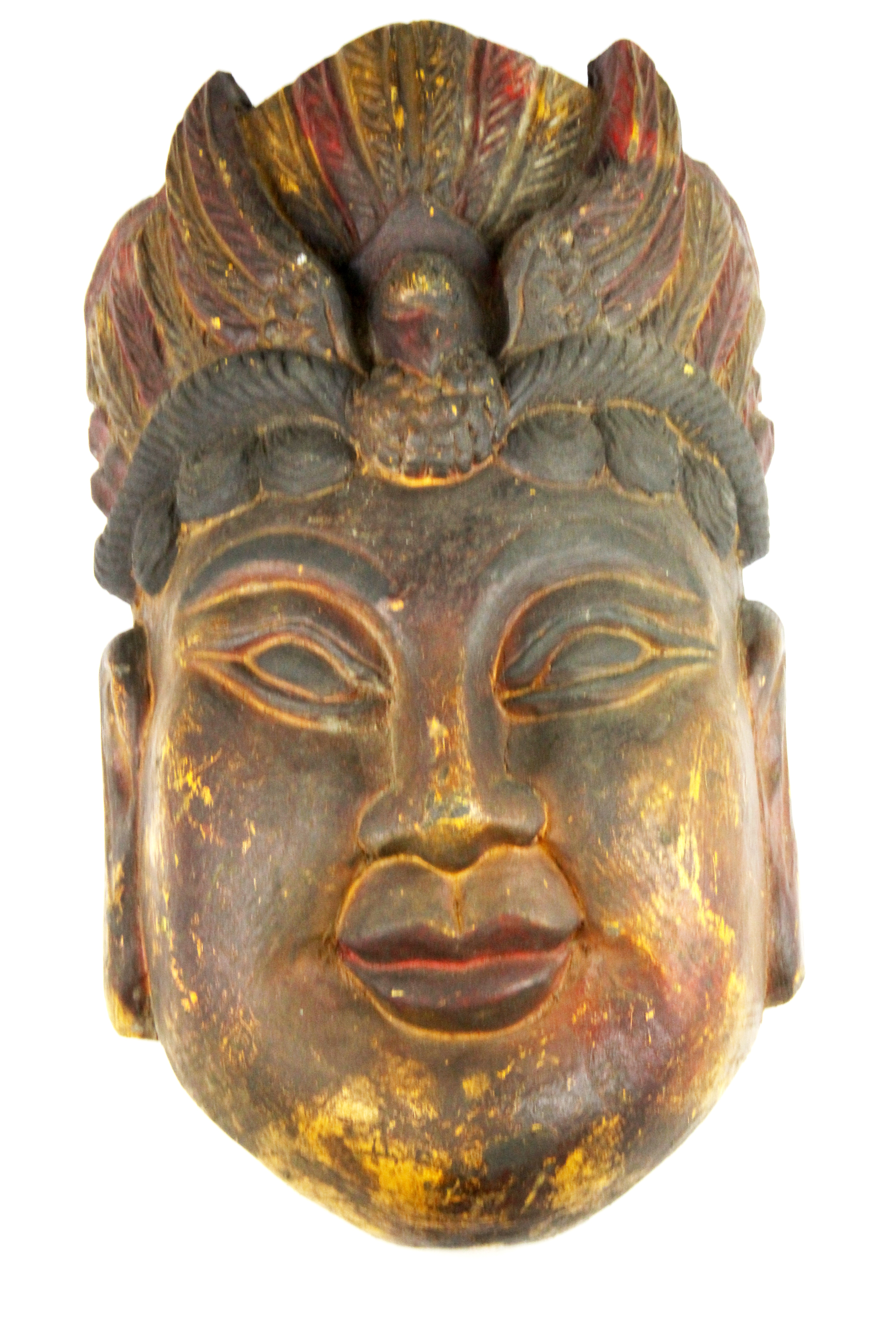 A Chinese carved and painted wooden mask of the goddess Guanyin, H. 38cm. Condition: overall