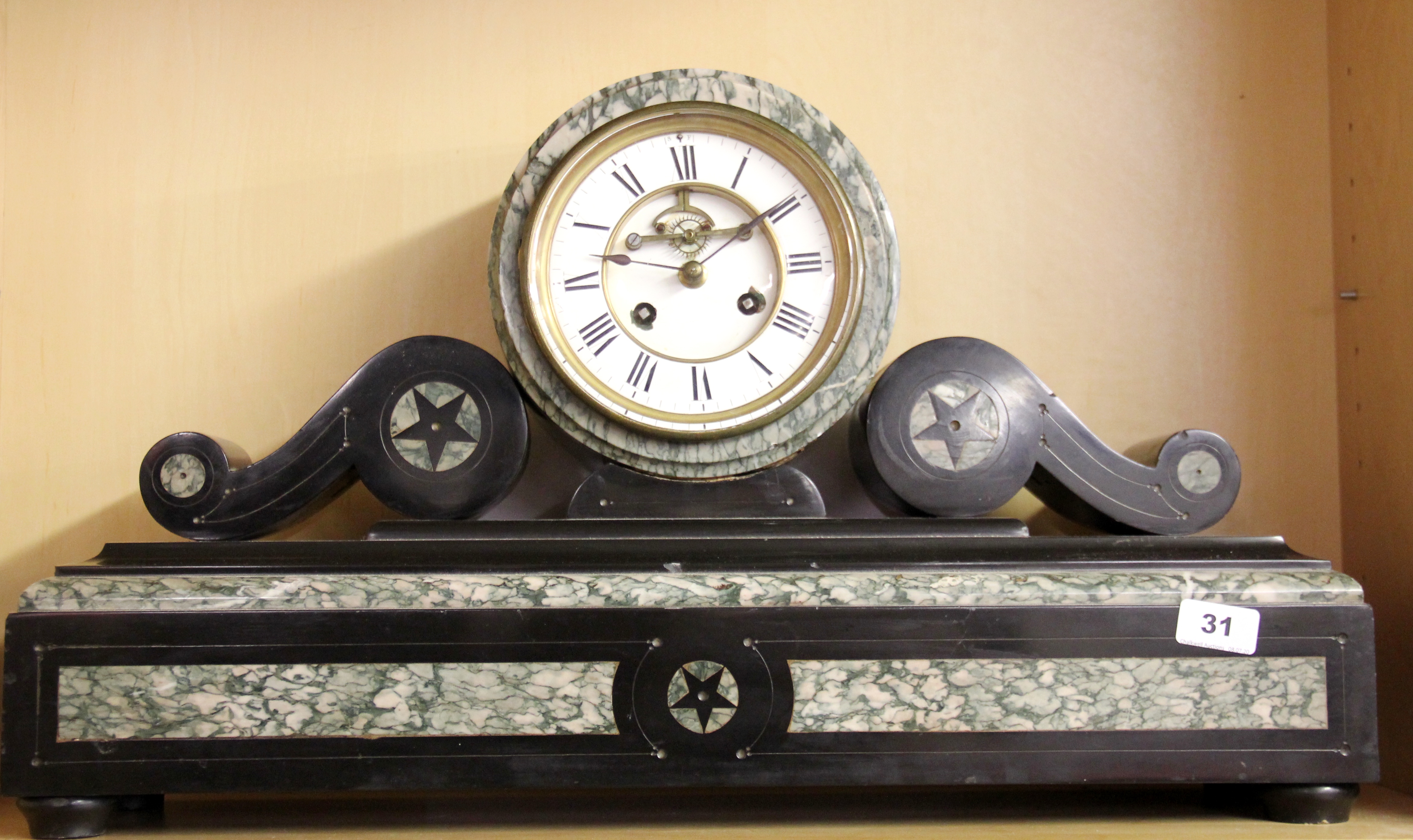 A large 19th Century French marble and slate mantle clock, H. 38cm, W. 64cm. Condition: working