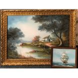 A gilt framed oil on canvas, size83 x 68cm, together with a smaller oil on canvas and a gilt