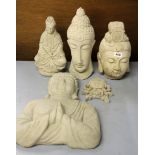 Five Buddhist themed concrete garden ornaments, tallest head 37cm. Condition : flat back figure A/