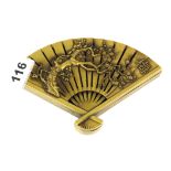 An unsual Chinese gilt bronze fan shaped box, W. 16cm.