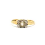 An 18ct yellow gold and platinum pearl and diamond set ring, (P.5).