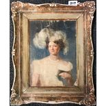 An 18th Century oil on canvas portrait mounted on wooden board of a lady in an ostrich feather