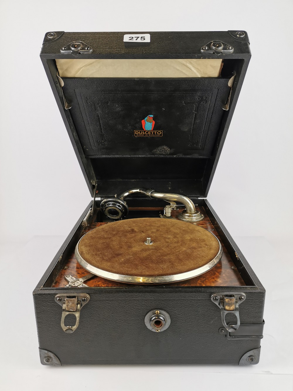 A vintage Dulcetto portable gramophone with original cardboard box, size 41 x 14cm.