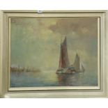 A 1960's/70's Dutch oil on canvas of barges with indistinct signature, framed 94 x 74cm.