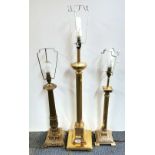 Three good brass column table lamps, tallest 77cm.