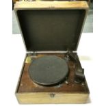 A vintage HMV portable record player, size 38 x 33 x 18cm. Condition : Not w/o.