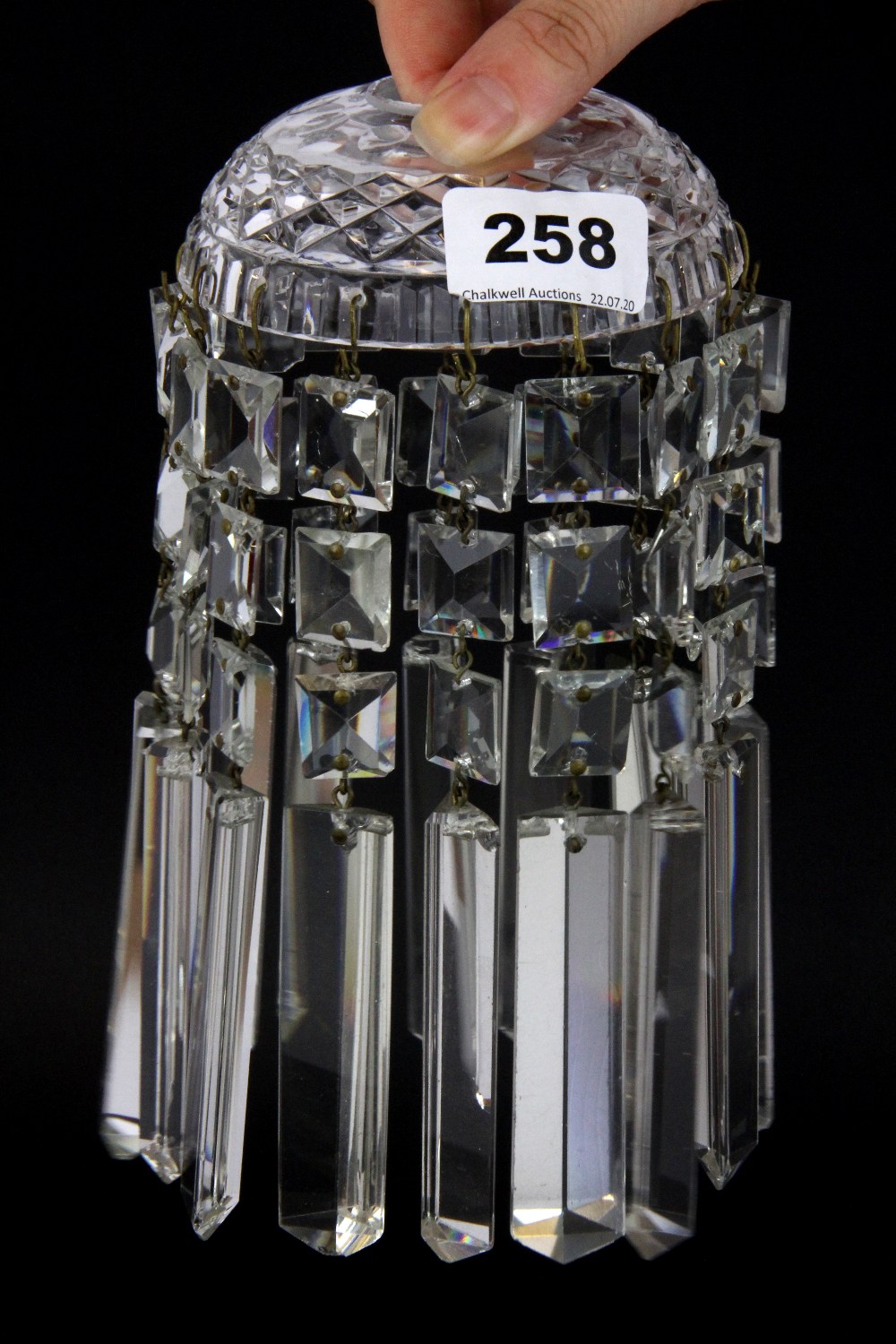 Four cut crystal small chandelier light shades, H. 21cm.