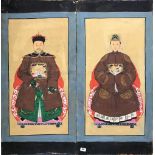 A Chinese hand painted oil on canvas ancestor painting of a courtier with his two wives together