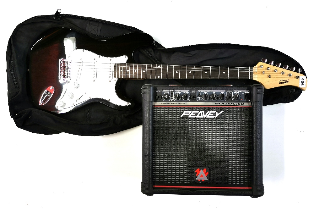 A CB sky electric guitar with Peavey amplifier.