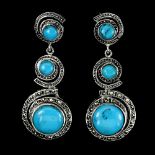 A pair of 925 silver and marcasite turquoise set drop earrings, L. 4.8cm.