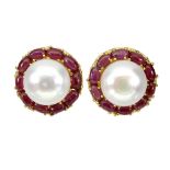 A pair of 925 silver gilt pearl stud earrings set with cabochon cut rubies, Dia. 1.6cm.