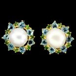 A pair of 925 silver gilt cluster earrings set with a pearl, blue topaz and chrome diopsides, Dia.