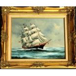 A gilt framed oil on canvas of a sailing ship signed Lemke, frame size 68 x 60cm.