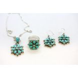 A suite of 925 silver turquoise set jewellery, to include earrings, pendant and chain and ring, (