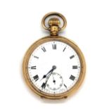 A gold plated open face pocket watch.