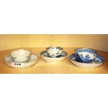 Three early Chinese export porcelain tea bowls and saucers.