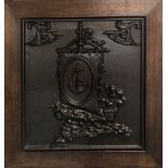 A 19th Century cast iron door panel from Chatham docks in Kent mounted in an oak frame, frame size