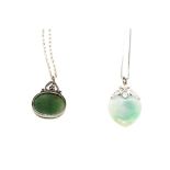 Two 925 silver pendants with chains set with nephrite jade, L. 4 & 3.5cm.