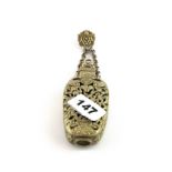 An interesting Chinese pierced white metal bottle shaped pomander with waistband hook, overall L.