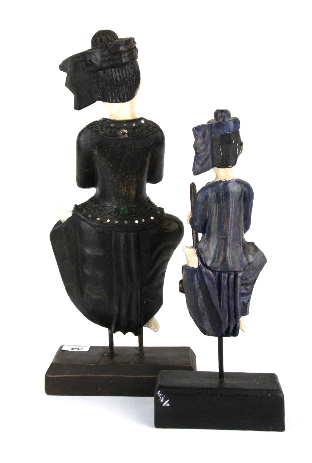 Two hand painted carved wooden Siamese figures of musicians, tallest 46cm. - Image 2 of 2