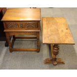 A carved oak side table and an oak coffee table, side table 56 x 41 x 65cm.