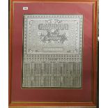 A large framed 1990 lace work calendar, 70 x 87cm, together with a vintage wedding dress and a fur