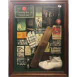 A large framed cricket related boxed collage, size 69 x 90cm.