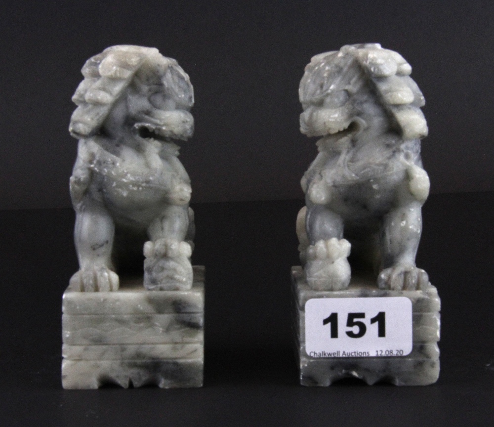 A pair of Chinese carved soapstone lion dog figures, H. 12cm. - Image 3 of 3