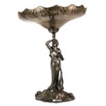 A superb Art Nouveau silver played figural centre piece, possibly WMF but no visible mark, H. 38cm.