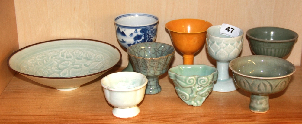 Six Chinese porcelain stem cups, a small porcelain bowl and an incised porcelain dish, tallest H. - Image 6 of 6