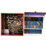 A jewellery box and contents, together with a large box of costume jewellery.