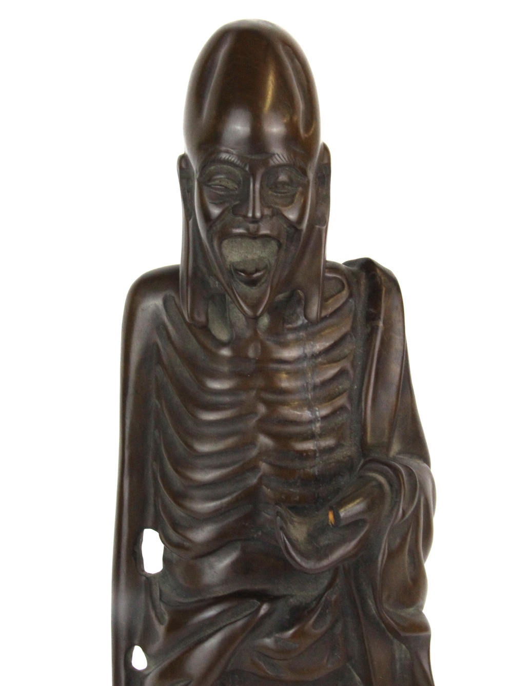 An unusual Chinese carved hardwood figure of an Arhat, H. 45cm. Condition - Some filled age cracking - Image 2 of 3