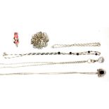 Three 925 silver stone set necklaces together with a silver bracelet, enamelled pendant and silver