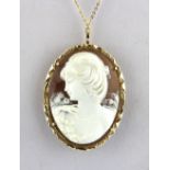A pretty 14ct gold mounted carved shell cameo pendant/brooch, H. 5cm, on a 9ct yellow gold chain.
